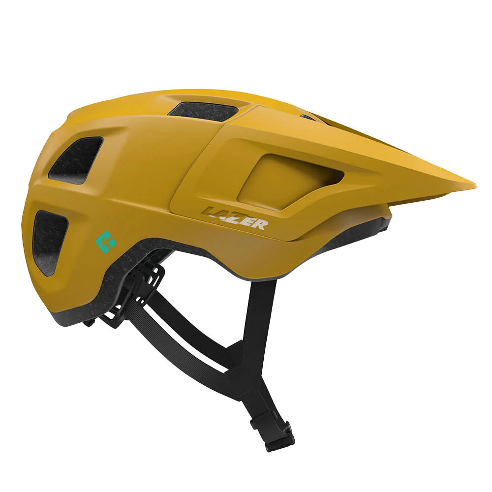 Yellow helmet with black straps on a white background