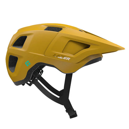 Yellow helmet with black straps on a white background