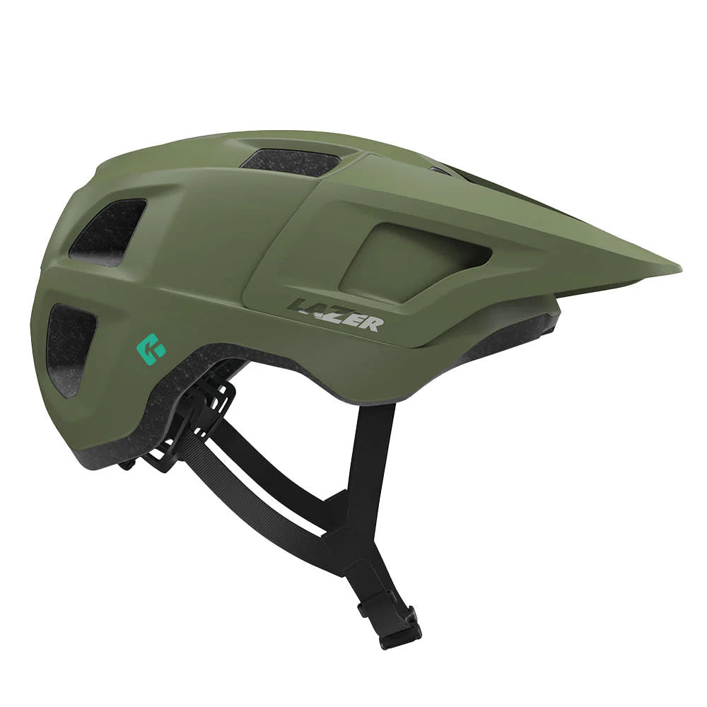 Green helmet with black straps on a white background