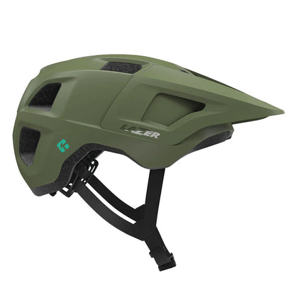 Green helmet with black straps on a white background