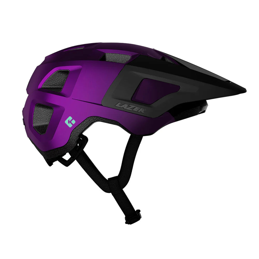 Purple and black helmet with 'Lazer' branding on a white background