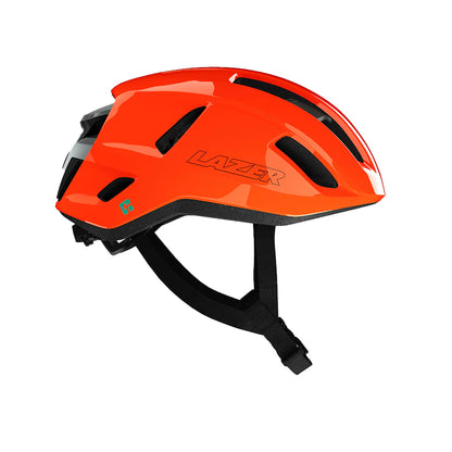 Orange helmet with black accents on a white background