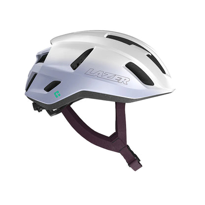 White bicycle helmet with 'Lazer' branding on a white background