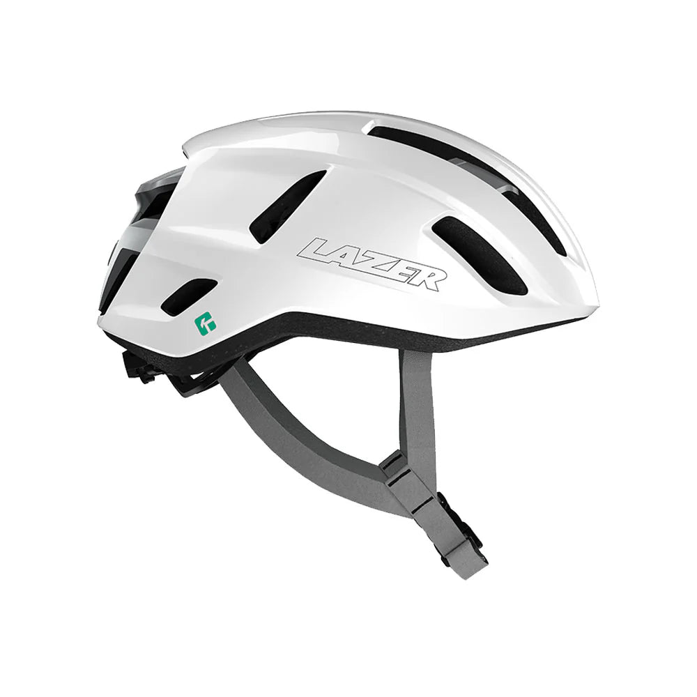 White bicycle helmet with 'Lazer' branding on a white background