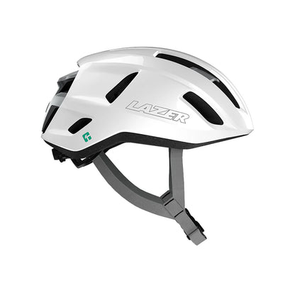 White bicycle helmet with 'Lazer' branding on a white background