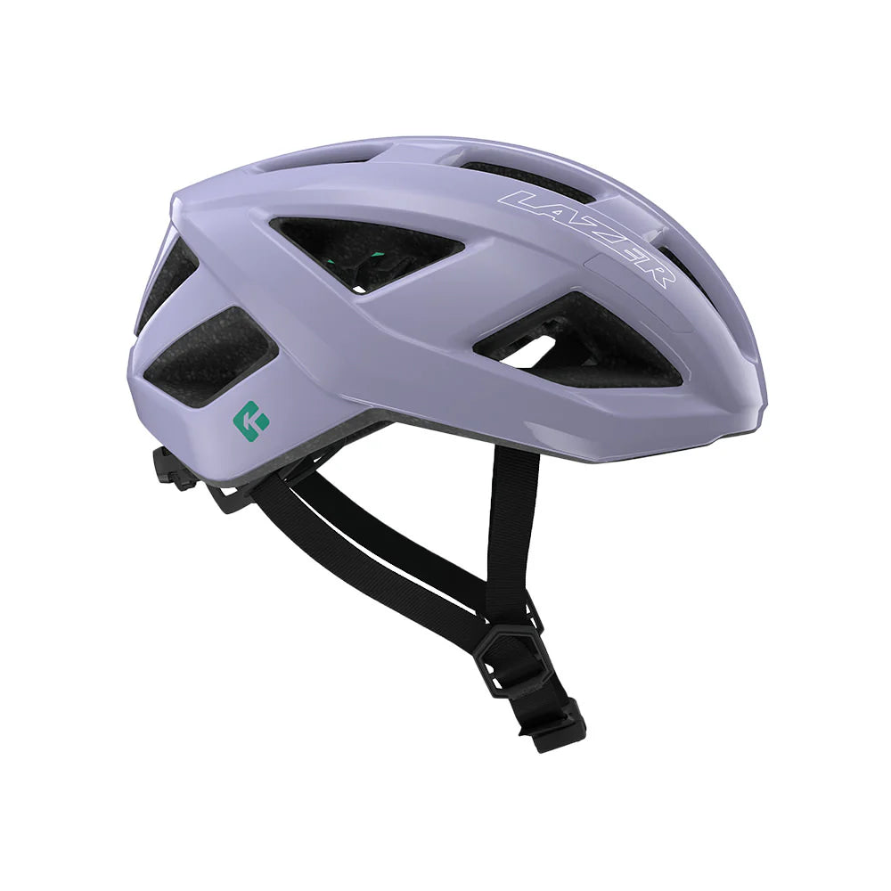 Purple helmet with black straps on a white background