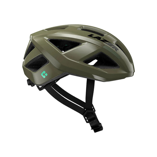 Green helmet with black straps on a white background