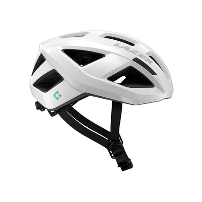 White bicycle helmet with black accents on a white background