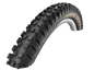 Black off-road tire with tread pattern on a white background