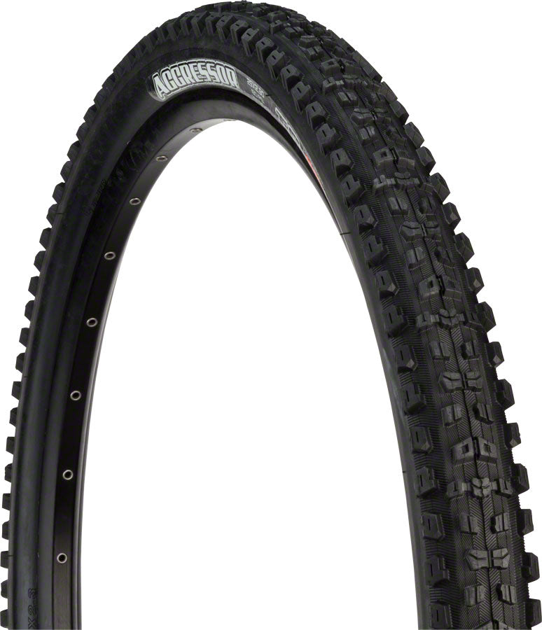 Bicycle tire with Aggressive tread pattern on a white background