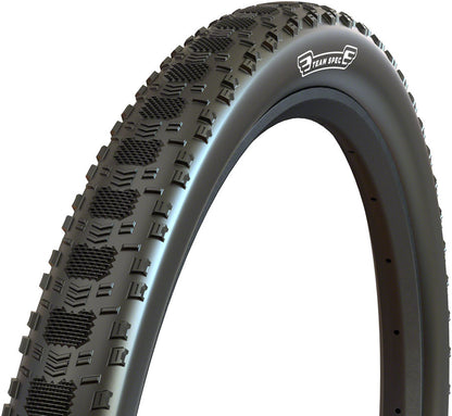 Tire with tread pattern and brand logo on a white background