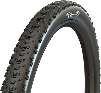 Close-up of a bicycle tire with tread pattern on a white background