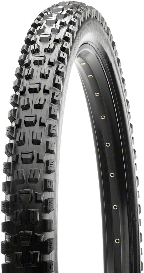 Close-up of a mountain bike tire with tread pattern on a white background