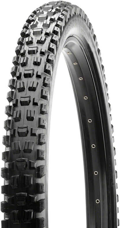 Close-up of a mountain bike tire with tread pattern on a white background