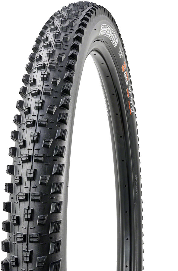Black mountain bike tire with tread pattern on a white background