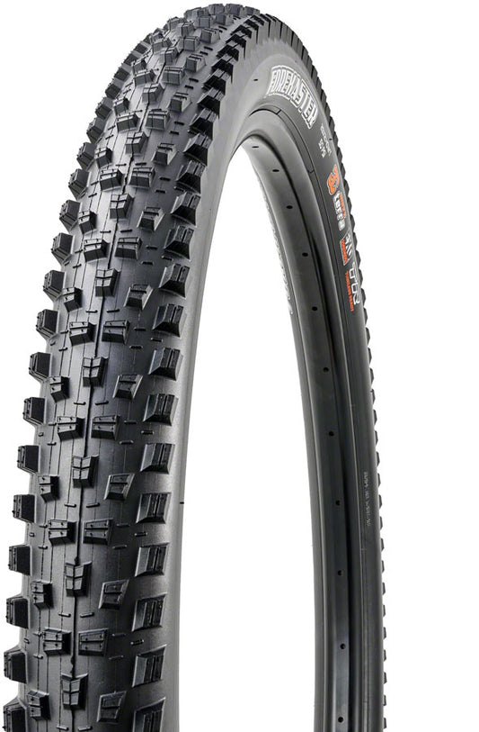 Black mountain bike tire with tread pattern on a white background