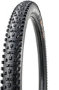 Black mountain bike tire with tread pattern on a white background