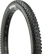 Black off-road tire with tread pattern on a white background