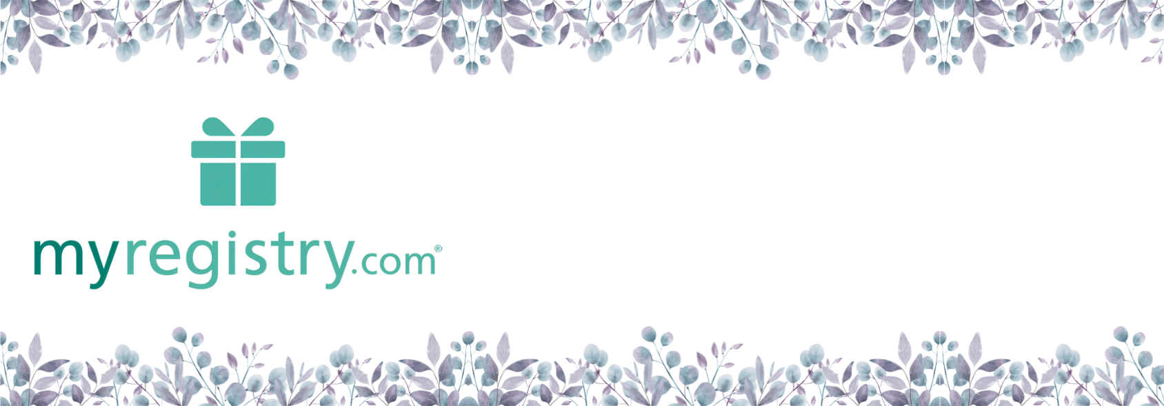 A digital banner with the myregistry.com logo in teal on the left, featuring a white background and a decorative border of light blue and purple watercolor flowers at the top and bottom.