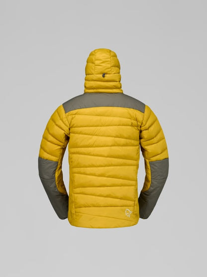 Yellow puffer jacket with gray accents on a gray background