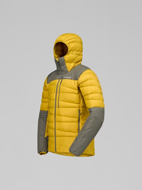Yellow and gray jacket with a hood on a light gray background