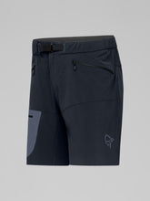 Load image into Gallery viewer, Black outdoor shorts with a logo on a light gray background
