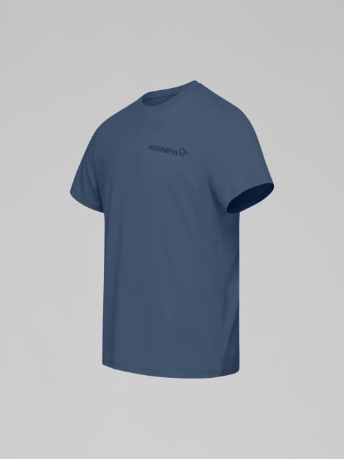 Blue t-shirt with a logo on a gray background