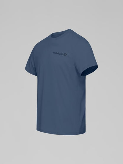 Blue t-shirt with a logo on a gray background