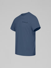 Load image into Gallery viewer, Blue t-shirt with a logo on a gray background
