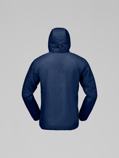 Navy blue jacket with a hood on a light gray background