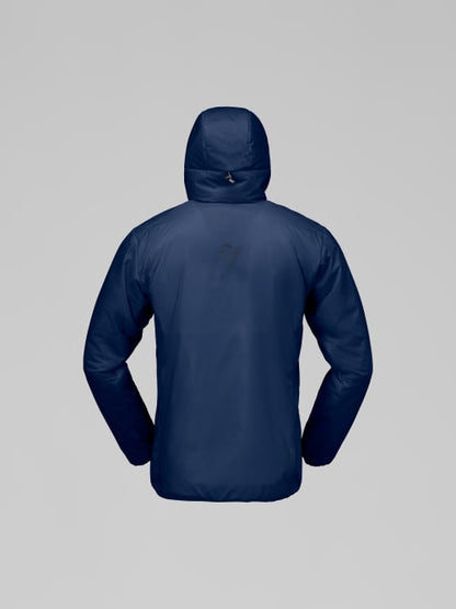 Navy blue jacket with a hood on a light gray background