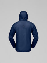 Load image into Gallery viewer, Navy blue jacket with a hood on a light gray background
