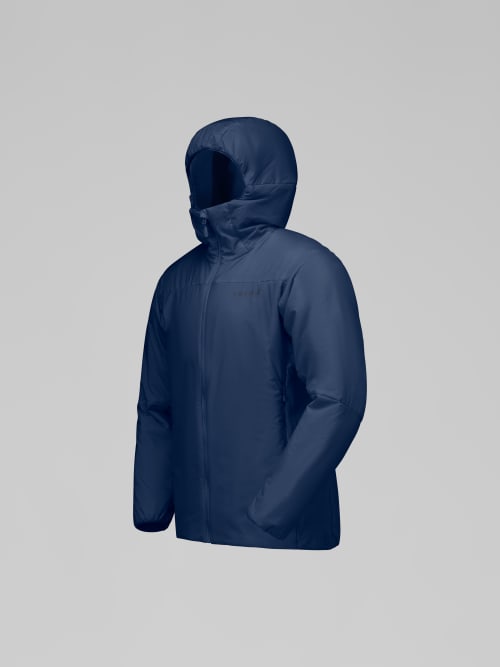 Navy blue hooded jacket on a light gray background