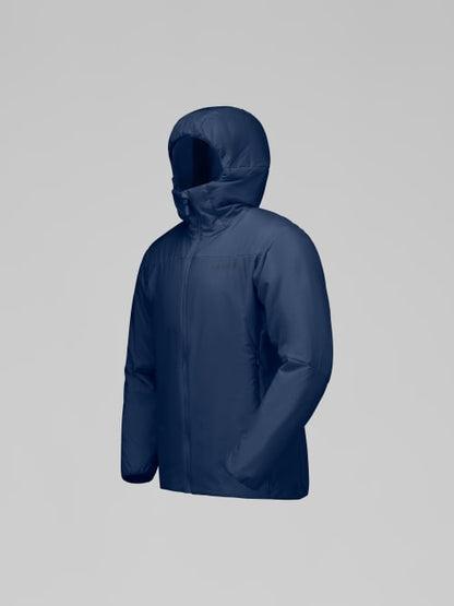Navy blue hooded jacket on a light gray background