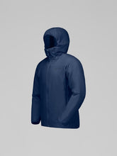 Load image into Gallery viewer, Navy blue hooded jacket on a light gray background
