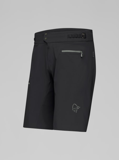 Black shorts with a brand logo on a gray background