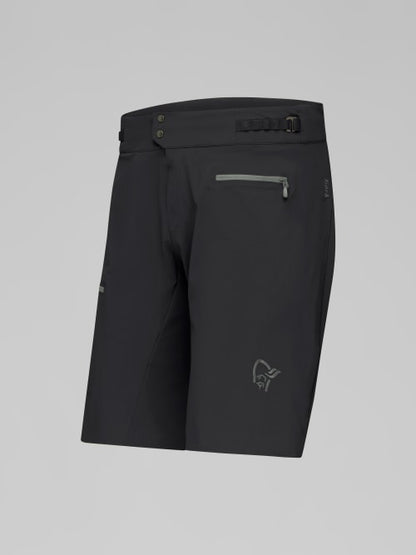 Black shorts with a brand logo on a gray background