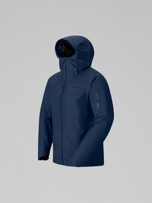 Navy blue jacket with a hood on a light gray background