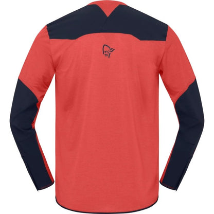 Red and navy long-sleeve shirt with a logo on the chest against a white background