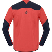 Load image into Gallery viewer, Red and navy long-sleeve shirt with a logo on the chest against a white background
