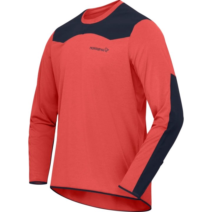 Red long-sleeve shirt with navy accents on a white background