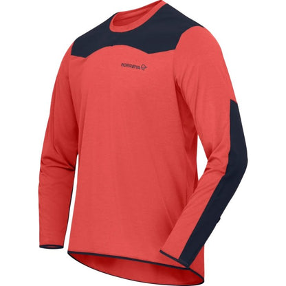 Red long-sleeve shirt with navy accents on a white background