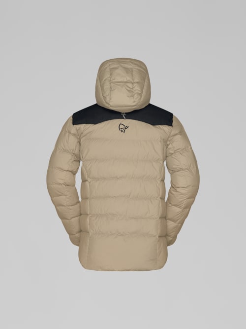 Beige puffer jacket with black hood on a light gray background
