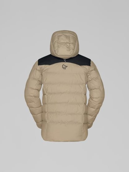 Beige puffer jacket with black hood on a light gray background