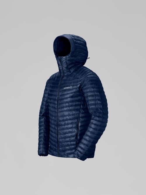 Blue hooded jacket on a light gray background