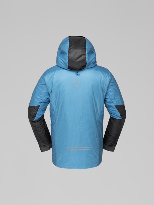 Blue and black jacket on a gray background