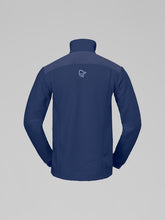Load image into Gallery viewer, Navy blue jacket with a logo on the back against a gray background
