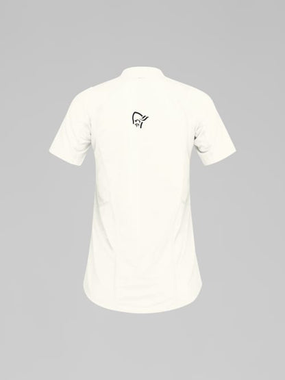 White t-shirt with a small black logo on the chest against a gray background