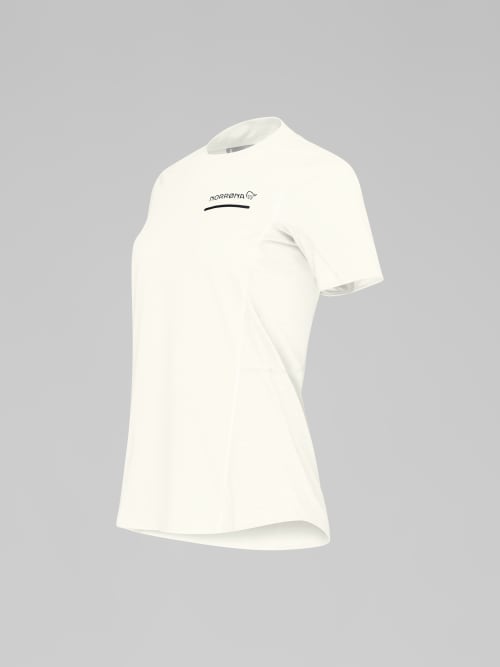 White t-shirt with a logo on a gray background