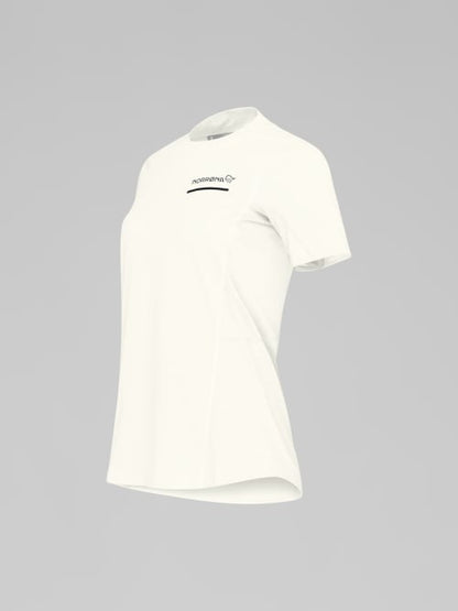White t-shirt with a logo on a gray background